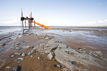 A jack up barge laying the onshore electricity cable from the Off shore wind farm, Robin Rigg, in the Solway Firth, north of Workington, Cumbria, England, United Kingdom, Europe