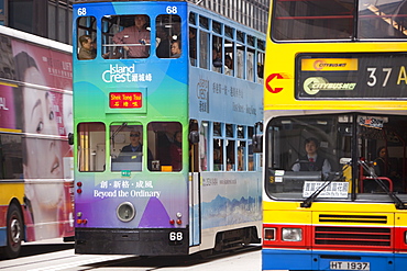 Trams on the street in Hong Kong, China, Asia