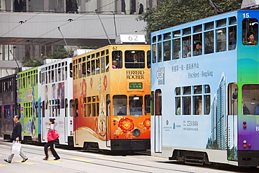 Trams on the street in Hong Kong, China, Asia