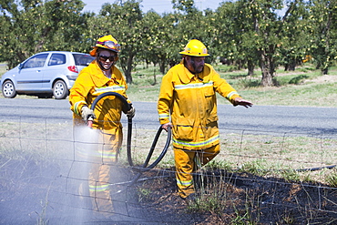 CFA fire fighters tackle a roadside fire probably started by a motorist throwing a cigarette out of the window, near Shepperton, Victoria, Australia, Pacific