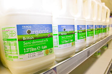 Organic milk for sale on supermarket shelves, Cumbria, England, United Kingdom, Europe