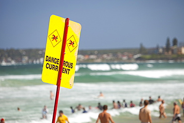 Dangerous current warning sign at a beach on the outskirts of Sydney, New South Wales, Australia, Pacific