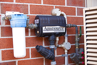 An aquasource pump that pumps rain water collected off the house roof and stored in an underground tank for use in flushing toilets, Sydney, New South Wales, Australia, Pacific