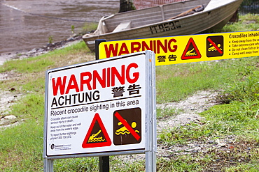 Crocodile warning signs on the side of the Daintree River in Northern Queensland, Australia, Pacific