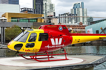 A helicopter on a platform on the Yarra River in Melbourne, Victoria, Australia, Pacific