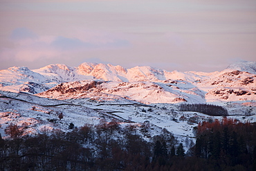 Dawn over Crinkle Crags and Bow Fell in the Lake District, Cumbria, England, United Kingdom, Europe