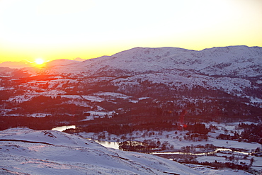 Lake Windermere from Wansfell in the Lake District, in winter snow, Cumbria, England, United Kingdom, Europe