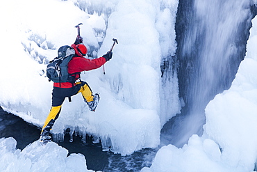 The mountaineer, Mike Withers, ice climbing in Fisher Place gill above Thilrmere in the Lake District, Cumbria, England, United Kingdom, Europe