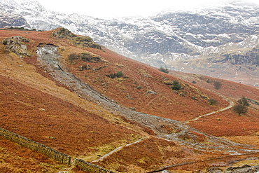 A landslide in the Copper Mines Valley caused by saturated ground during the November 2009 floods, Coniston, Lake District, Cumbria, England, United Kingdom, Europe