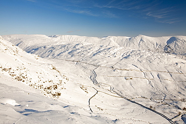 The Kentmere Fells and Kirkstone Pass in the Lake District  in winter snow from Red Screes, Cumbria, England, United Kingdom, Europe