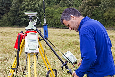 A differential GPS being used in real time kinematic survey, to survey the extent of the Durham canyon flooding feature, County Durham, England, United Kingdom, Europe