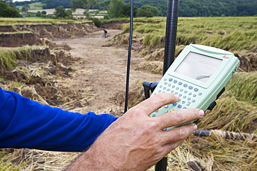 A differential GPS being used in real time kinematic survey, to survey the extent of the Durham canyon flooding feature, County Durham, England, United Kingdom, Europe