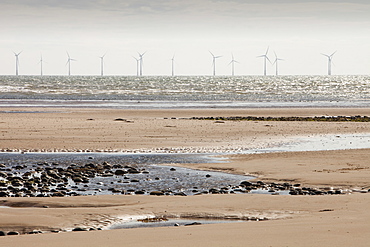 Barrow offshore wind farm, a 30 turbine, 90 MW offshore wind farm completed in 2006, situated about 7 km south west in the Irish Sea off Walney Island, Barrow in Furness, Cumbria, England, United Kingdom, Europe