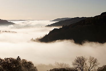 Mist caused by a temperature inversion over Ambleside in the Lake District National Park, Cumbria, England, United Kingdom, Europe