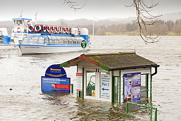 Lake Windermere in Ambleside and flooded buildings after the lake reached its highest ever recorded level, Lake District, Cumbria, England, United Kingdom, Europe