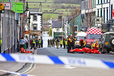 The emergency services working in Cockermouth to rescue flood victims, Cumbria, England, United Kingdom, Europe