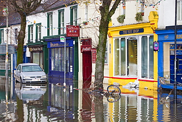 Flooded car on Cockermouth's Main Street, Cumbria, England, United Kingdom, Europe