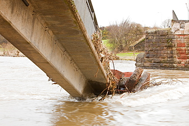 A footbridge over the River Derwent in Workington is one of many that was destroyed or damaged in the flood, Cumbria, England, United Kingdom, Europe