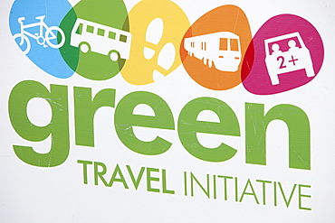 A green travel initiative poster at Staveley Carnival, Lake District, Cumbria, England, United Kingdom, Europe