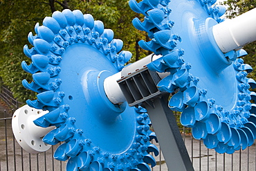 Pelton Wheels outside Dinorwig hydro power station visitor centre in Llanberis, Snowdonia, North Wales, United Kingdom, Europe