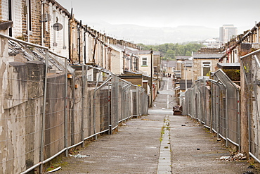 Boarded up terraced houses that have been compulsorily purchased for demolition in the Burnley Wood area of Burnley, Lancashire, England, United Kingdom, Europe