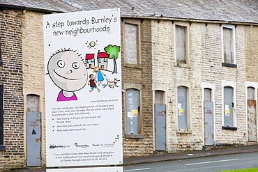 Boarded up terraced houses that have been compulsorily purchased for demolition in the Burnley Wood area of Burnley, Lancashire, England, United Kingdom, Europe