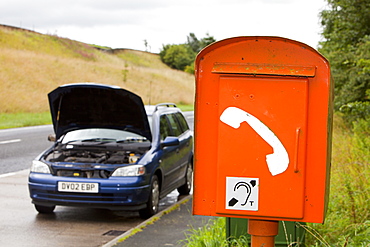 An emergency brekadown phone on the A65 near Settle, Yorkshire, England, United Kingdom, Europe