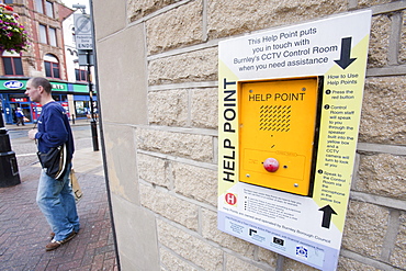 A help point linked to CCTV surveillance in Burnley, Lancashire, England, United Kingdom, Europe