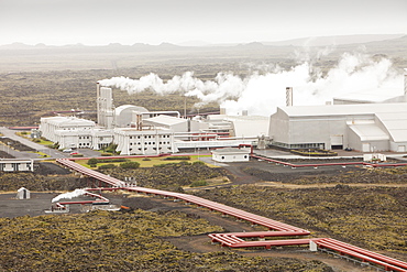 Capturing geothermal steam from boreholes to power the Svartsengi geothermal power station in Keflavik near Reykjavik in Iceland, Polar Regions