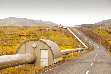 A pipeline taking geothermally heated hot water from Hellisheidi geothermal power station in Hengill, to Reykjavik, Iceland, Polar Regions