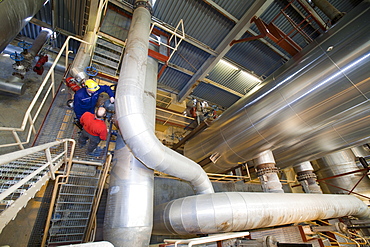 Part of the plant that removes water from the geothermal steam, before it is fed into the steam turbines at Krafla geothermal power station, Iceland, Polar Regions