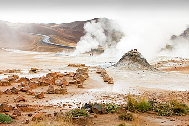 Fumaroles emitting steam in the geothermal area of Hverir near Myvatn, northern Iceland, Polar Regions