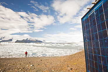 A solar panel at the Jokulsarlon ice lagoon, one of the most visited places in Iceland, Polar Regions