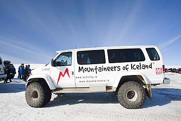 A tour guide's massive four wheel drive on the Langjokull ice sheet from Gullfoss, Iceland, Polar Regions