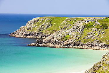 Porthcurno Beach looking towards the Minack Theatre, in West Cornwall, England, United Kingdom, Europe