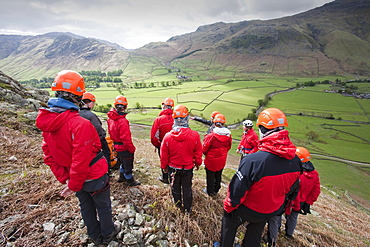 Members of the Langdale Ambleside Mountain Rescue Team training in the Langdale Valley, Lake District, Cumbria, England, United Kingdom, Europe