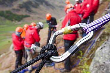 Members of the Langdale Ambleside Mountain Rescue setting up belays on a Team training in the Langdale Valley, Lake District, Cumbria, England, United Kingdom, Europe