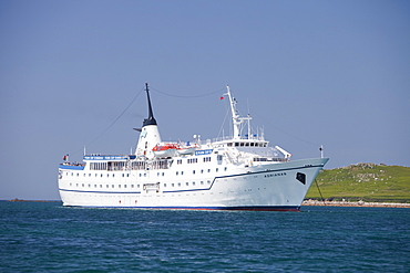 A cruise ship off Tresco in the Scilly Isles, United Kingdom, Europe