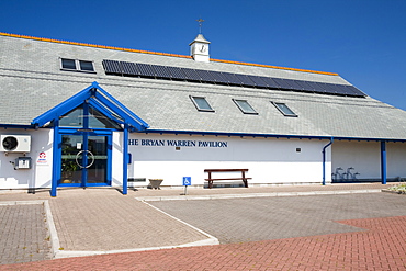 Solar electric panels on a cricket pavilion in St. Just, Cornwall, England, United Kingdom, Europe