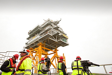 The transformer substation that connects all the electric cable from each turbine, before sending the electricity ashore, Walney Offshore Wind Farm, Barrow in Furness, Cumbria, England, United Kingdom, Europe