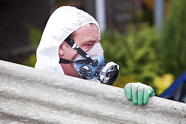 A specialist asbestos removal company removing asbestos from a shed roof in Ambleside, Cumbria England, United Kingdom, Europe