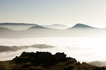 A temperature inversion with valley mist over Red Screes near Ambleside, looking towards the Kentmere Fells, Lake District National Park, Cumbria, England, United Kingdom, Europe