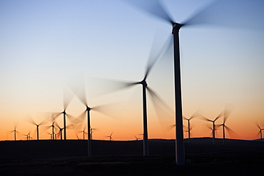 Dawn over Whitlee wind farm on Eaglesham Moor just south of Glasgow in Scotland, United Kingdom, Europe