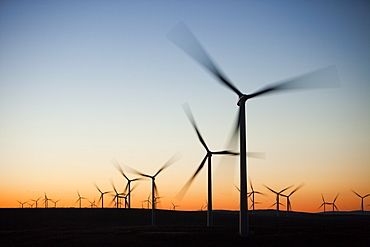 Dawn over Whitlee wind farm on Eaglesham Moor just south of Glasgow in Scotland, United Kingdom, Europe