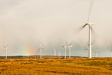 A rainbow over Whitlee wind farm on Eaglesham Moor just south of Glasgow in Scotland, United Kingdom, Europe