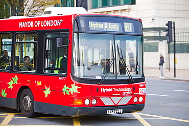 An electric hybrid technology bus in London, England, United Kingdom, Europe