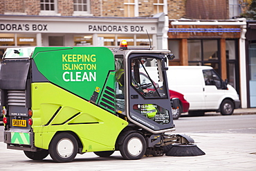 A street cleaning vehicle on the streets of Islington, London, England, United Kingdom, Europe