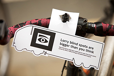 A cycling safety initiative highlighting the dangers of undertaking lorries at a junction in the driver's blind spot, London, England, United Kingdom, Europe