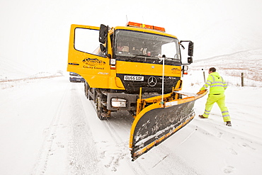 A snow plough on Dunmail Raise, Lake District, Cumbria, England, United Kingdom, Europe