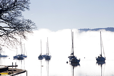 Waterhead on a misty winter morning, Ambleside on Lake Windermere, Lake District, Cumbria, England, United Kingdom, Europe